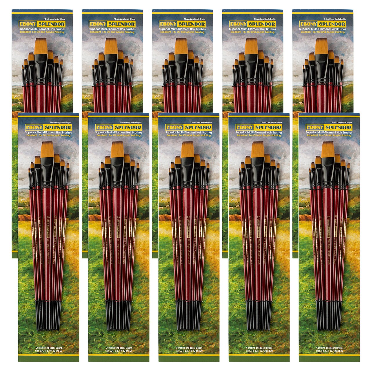 Creative Mark Ebony Splendor Long-Handled Synthetic Sable Paint Brush, Set of 7, Pack of 10, Teijin Multi-Filament Hair, Handcrafted Synthetic Paint Brushes for Acrylic, Watercolor Painting and More